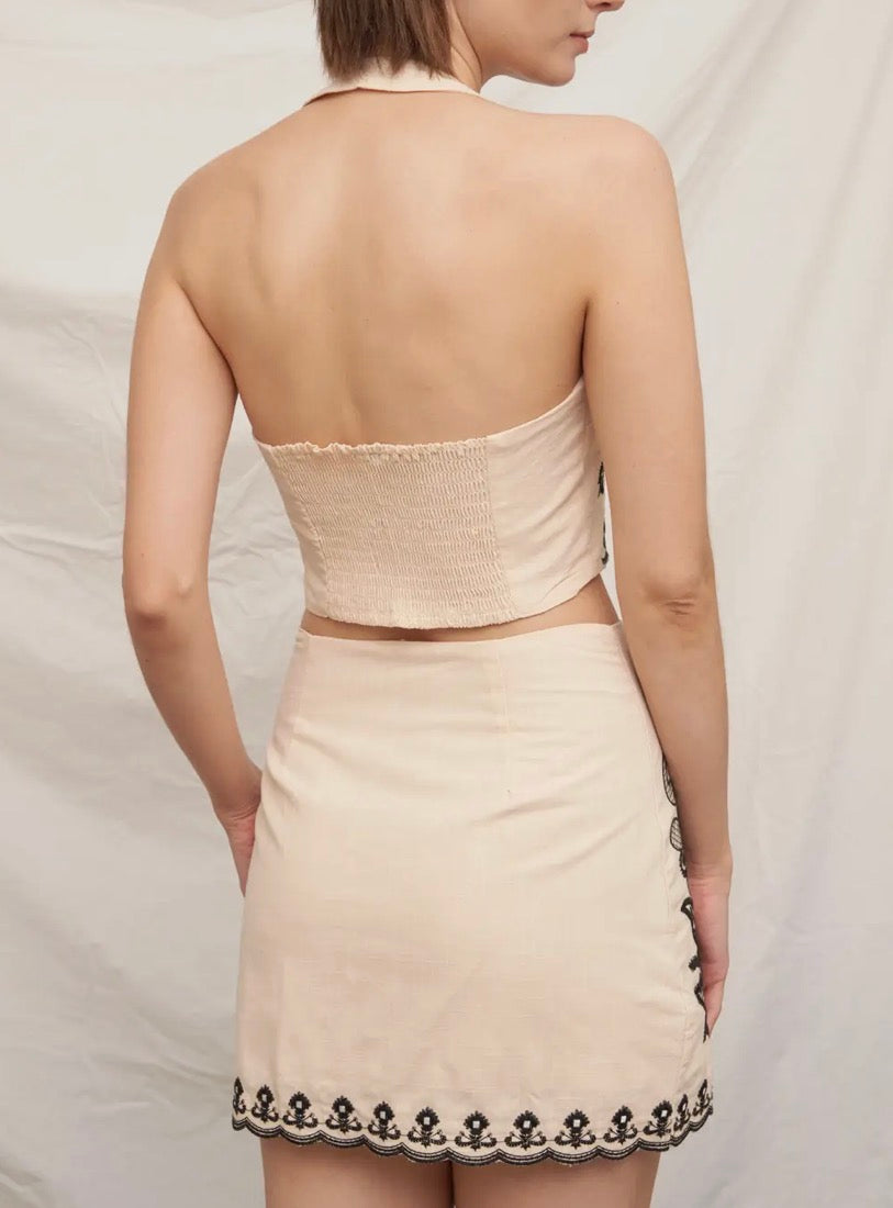 Embroidered Halter Neck Skirt Set