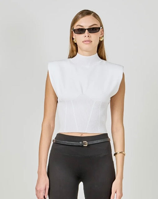 MOCK NECK PADDED KNIT TOP