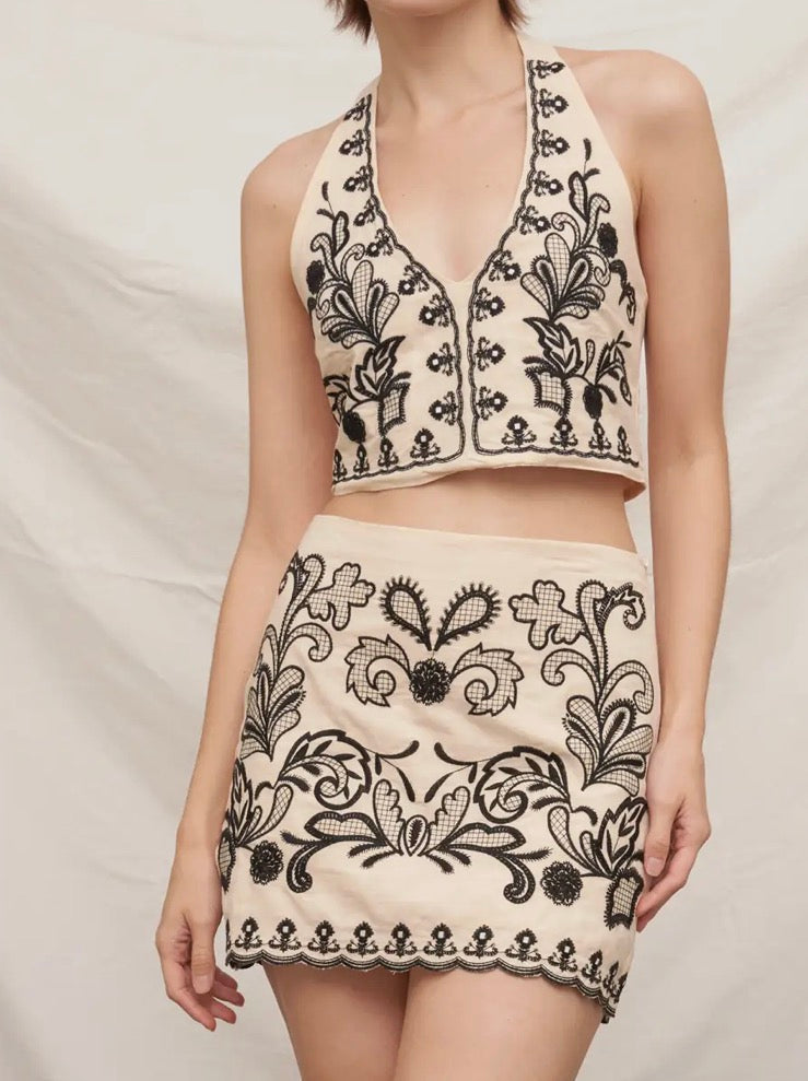 Embroidered Halter Neck Skirt Set