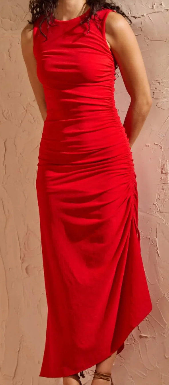 RED RUCHED STRETCH MIDI DRESS