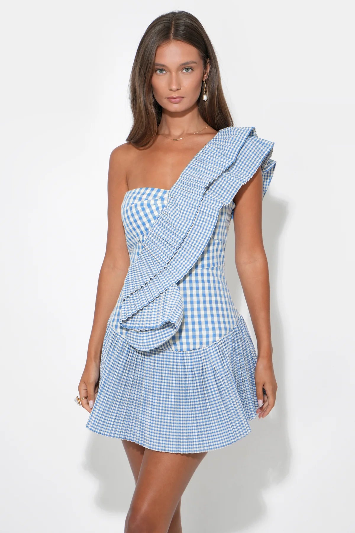 ADELYN RAE
AVA ONE SHOULDER GINGHAM MINI DRESS