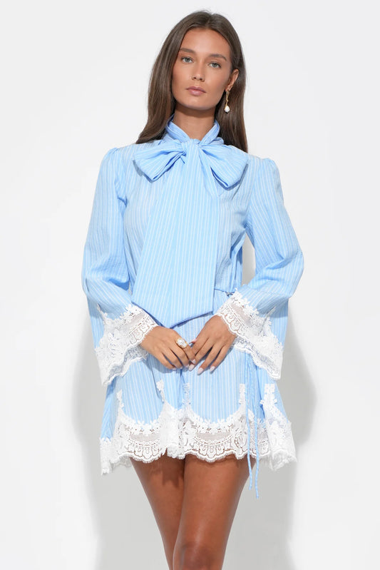 ADELYN RAE
VICTORIA NECK TIE LACE TRIM STRIPE MINI DRESS