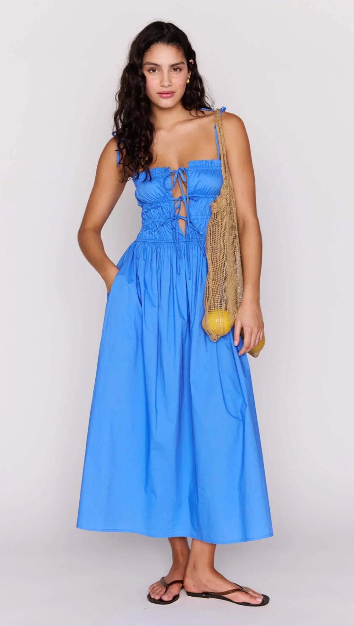 BLUE COTTON TIE DETAIL MIDI DRESS