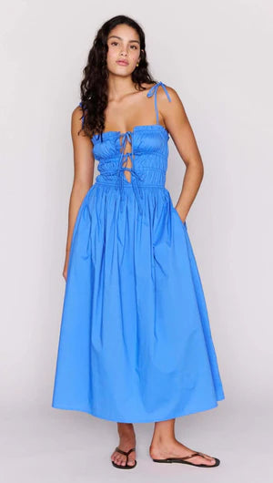 BLUE COTTON TIE DETAIL MIDI DRESS