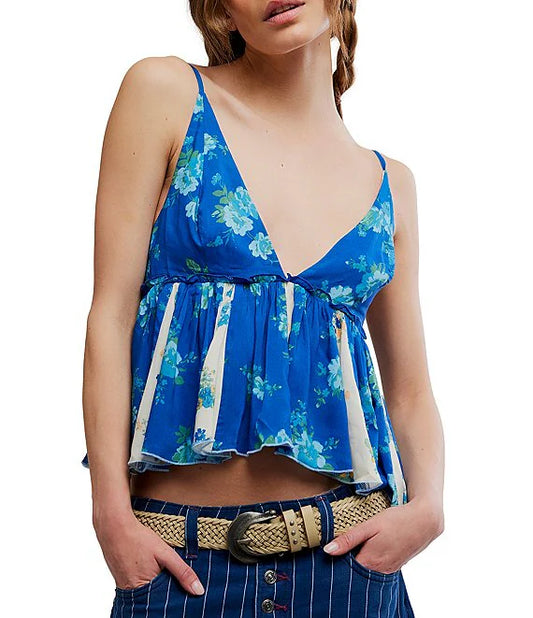 Free People
Tillie Floral Printed V-Neck Sleeveless Babydoll Top - Blue Combo