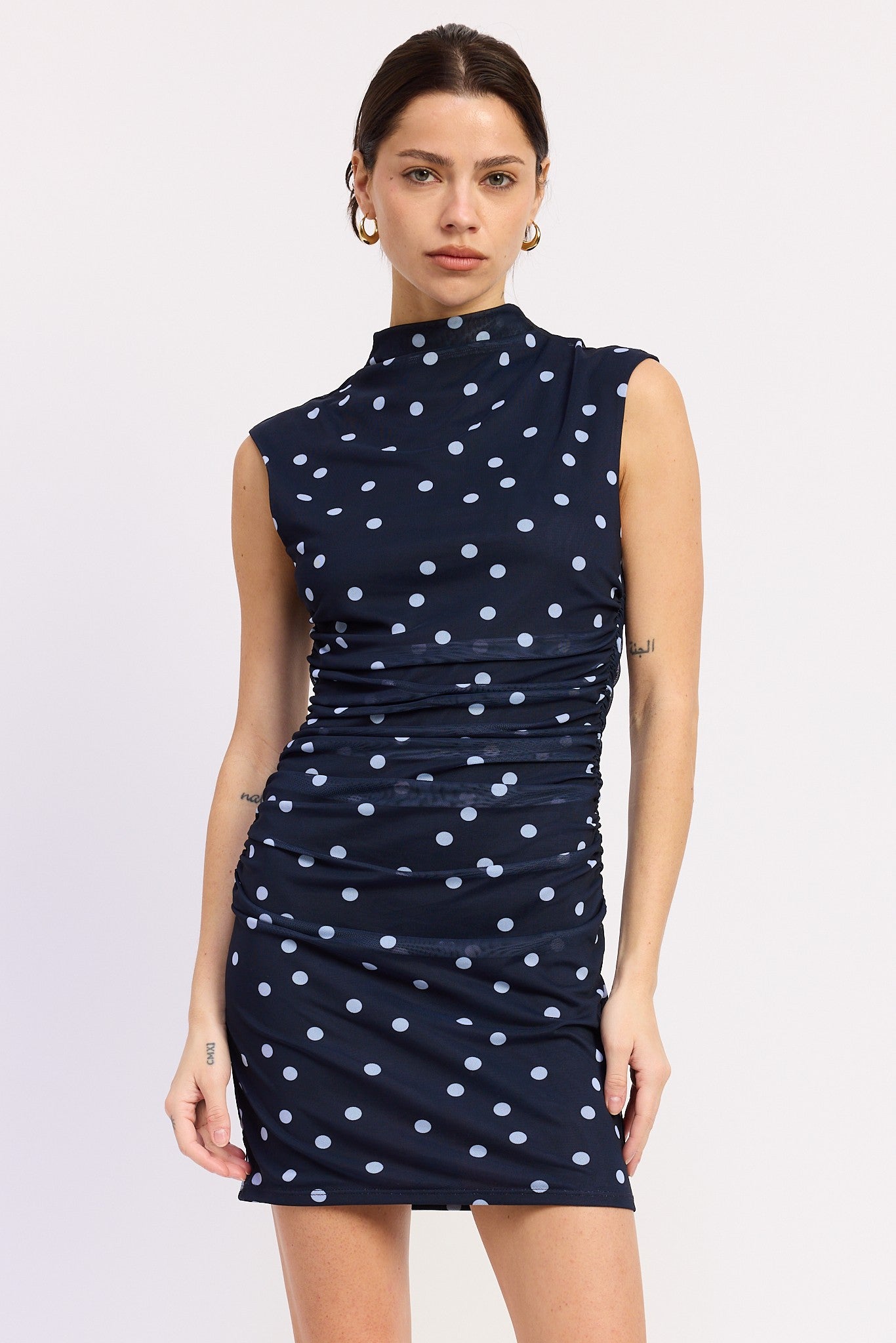 Polka Dot Sleeveless Mock Neck Mesh Mini Dress