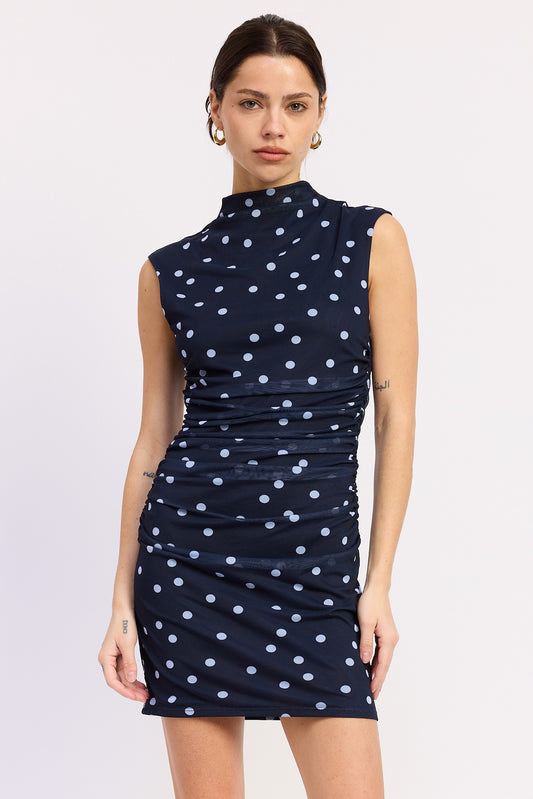 Polka Dot Sleeveless Mock Neck Mesh Mini Dress